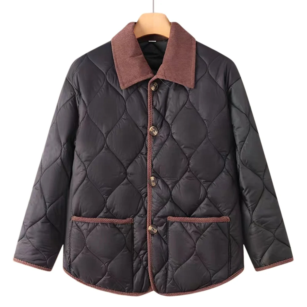 Womens Lightweight Summer Jacket Solid Color Wavy Quilted Corduroy Fabric Lapel Collar Contrast Trim Regular Length