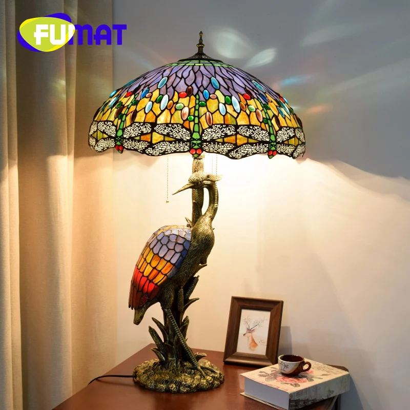 FUMAT Tiffany retro dragonfly style stained glass desk lamp art Deco living room Dining room Hotel study bed crane task lamp