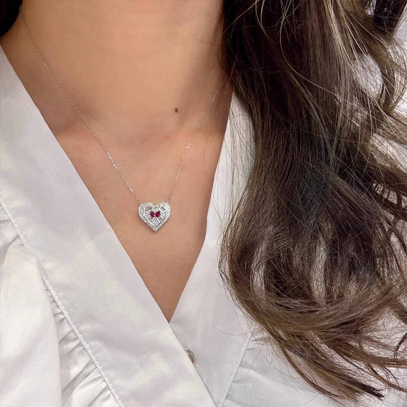 Aazuo Fine Jewerly 18K White Gold Natural Ruby Real Diamonds Classic Heart Shape Necklace Gifted For Women Birtthday Party