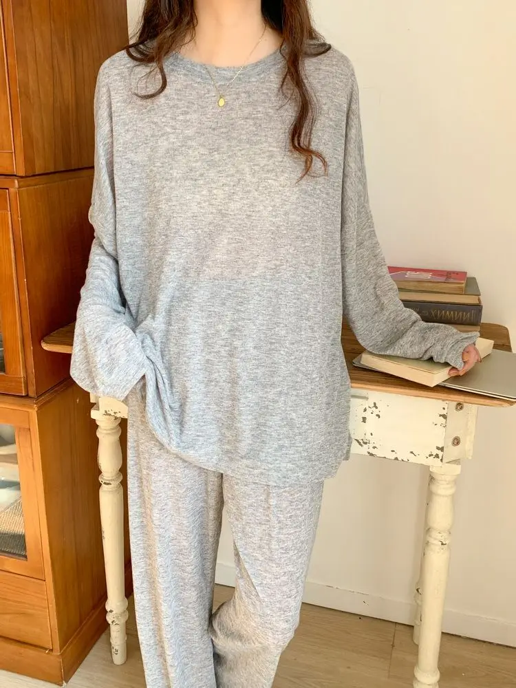 Autumn 2pieces Pyjamas Set Couple Top 2024 Round Neck Girls Pajamas Casual Solid Top and Pant Sleepwear Long Sleeve Home Suit