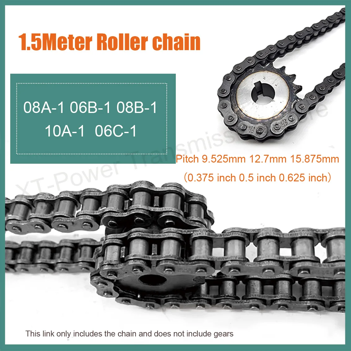 1.5Meter 06B 08B 10A 06C 08A Roller Chain Single Row Carbon Steel Industrial Transmission Chain Short Pitch 0.375/0.5/0.625 Inch