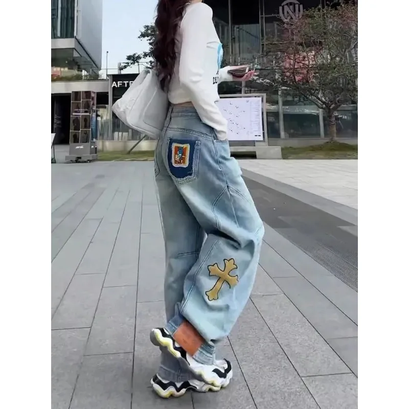 

Y2k pantsOfficially Licensed Disney Summer Women Mickey Patch & Embroidery Jeans Loose Slimming Versatile Scooped Leg Pants