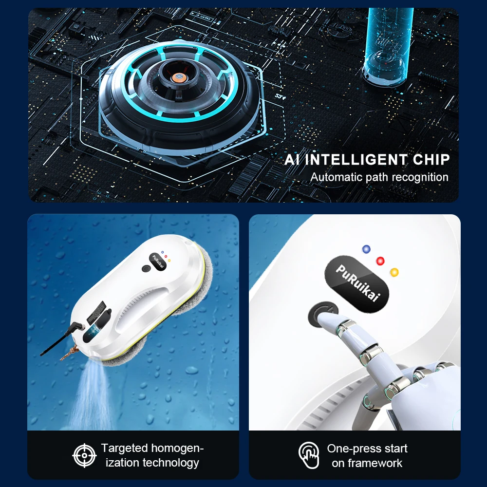 PuRuiKai Window Cleaning Robot Automatic Cleaning with Intelligent Path Planning, 5600Pa Suction Power, Edge Detection Tech