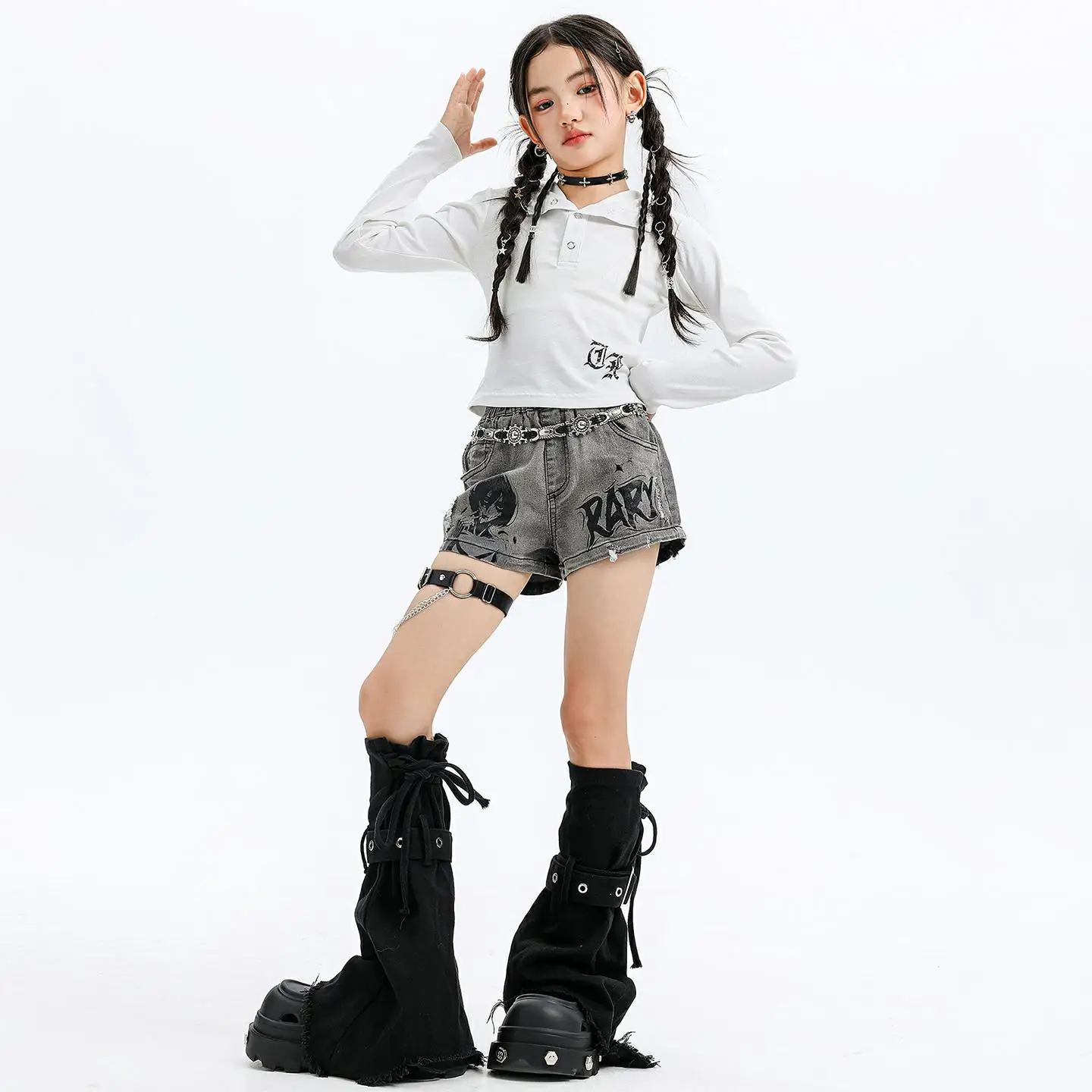 

Kid Kpop Hip Hop Clothing White Crop Hoodie Sweatshirt Gray Casual Street Ripped Jeans Shorts for Girls Dance Costumes Clothes