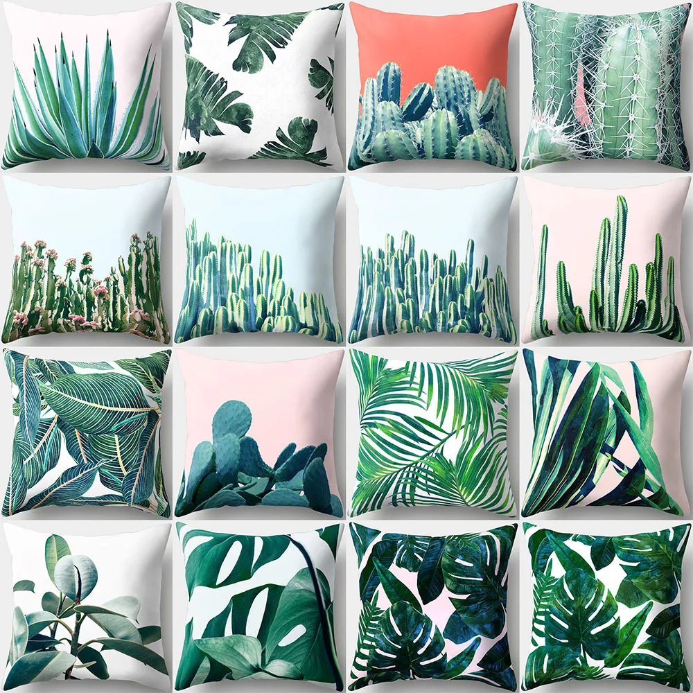 mylb 45x45cm Opuntia Cactus Green Leaves Print Pillow Case Home Fashion Cool Soft Cotton Pillowcase