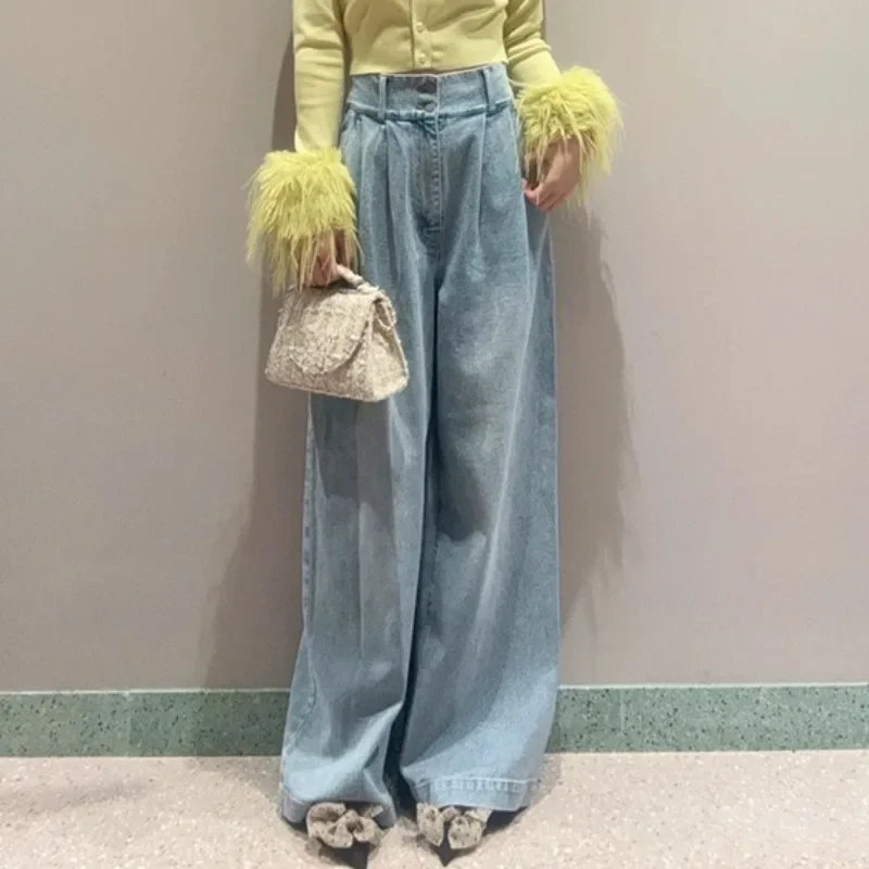 Japan Style Pleated Denim Pants Vintage High Waist Straight Loose Wide Leg Jeans 2024 Autumn All-match Casual Fashion Trousers