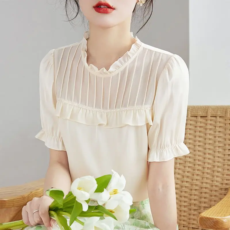 Elegant Solid Color Spliced Folds Ruffles Blouse Women\'s Clothing 2023 Summer New Casual Pullovers Puff Sleeve Office Lady Shirt