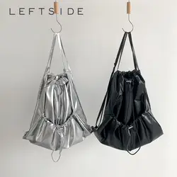 LEFTSIDE 2023 Silver Big Travel Drawstring Back Pack Leather Korean Fashion Backpack for Women School Bags for Teenagers Girls