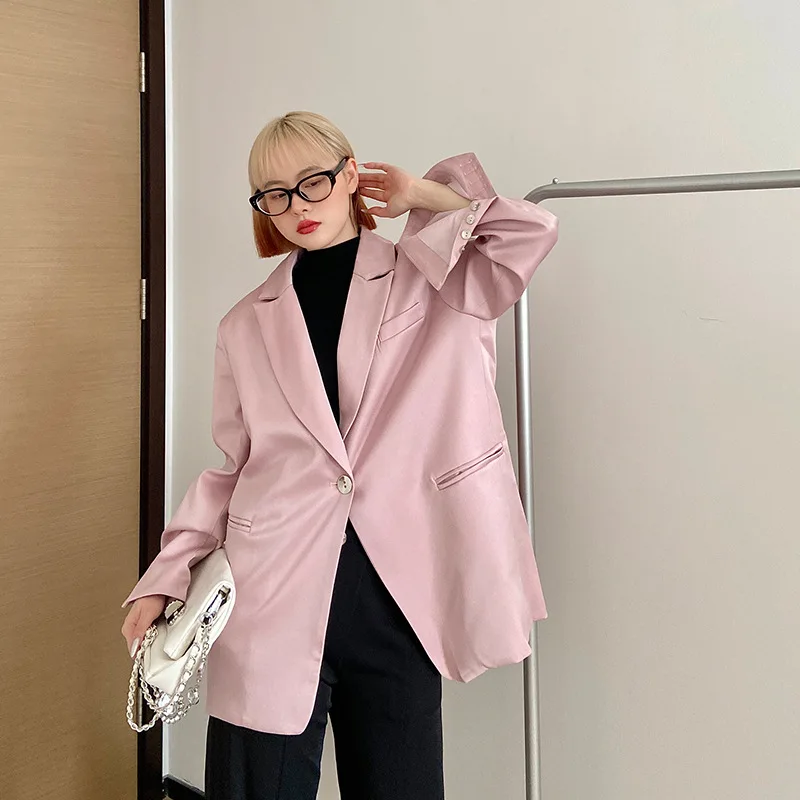 Women Office Wear Suits Pink Brazers Early Autumn Temperament Niche Satin Loose Commuting Ladies Solid Coats Fashion Clothing