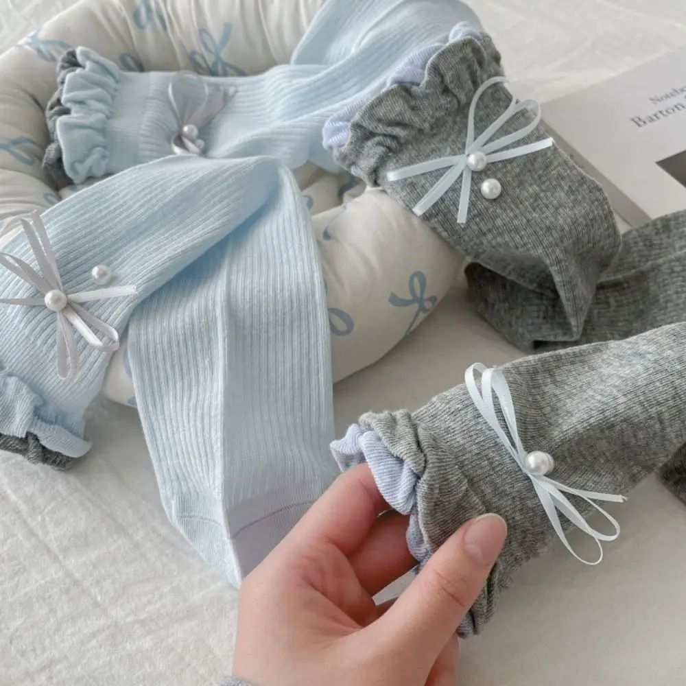 5 paia di moda volant bowknot calzini di perle sottili ins stile metà tubo calzini femminili traspiranti calzini dolci donna ragazza