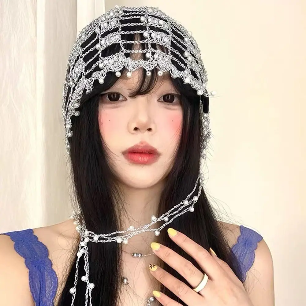 Retro Style Handmade Beaded Hat Pearl Beaded Metal Chain Chain Pullover Hat Openwork Tassel Bridal Headwear Autumn