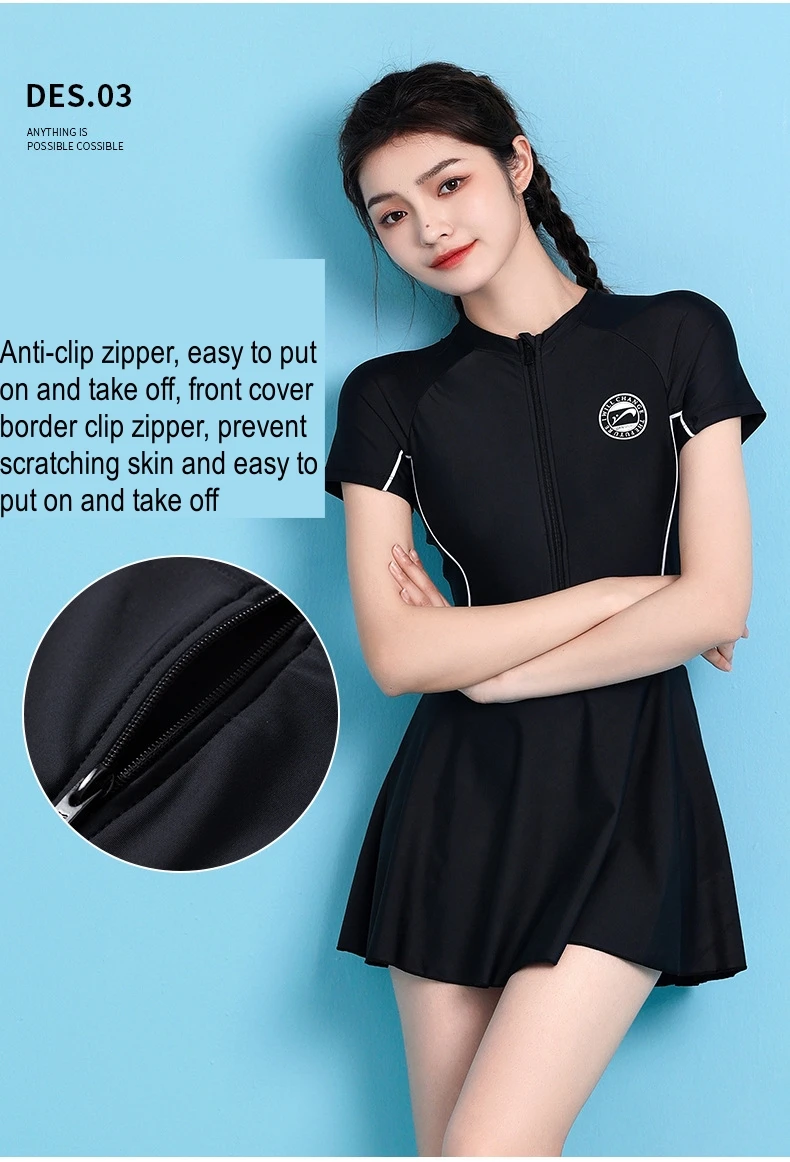 Women One Piece Professional WaterProof Short Sleeve Push Up SwimSuit Sun Protection Front Zipper Quick-Dry Athletic Swim Skirts