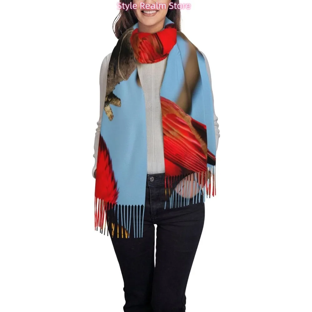 Beautiful Red Bird Print Polyester Scarf Breathable Fashion Accessory For Travel And Everyday Wear