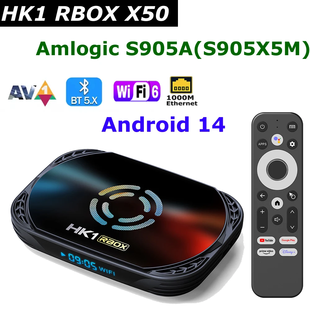 HK1 RBOX X50 Original, TV Box Android 14, Amlogic S905A(S905X5M), 4GB 128GB, LAN 1000M, Wifi6, 4K, BT, Control por Voz, Reproductor Multimedia