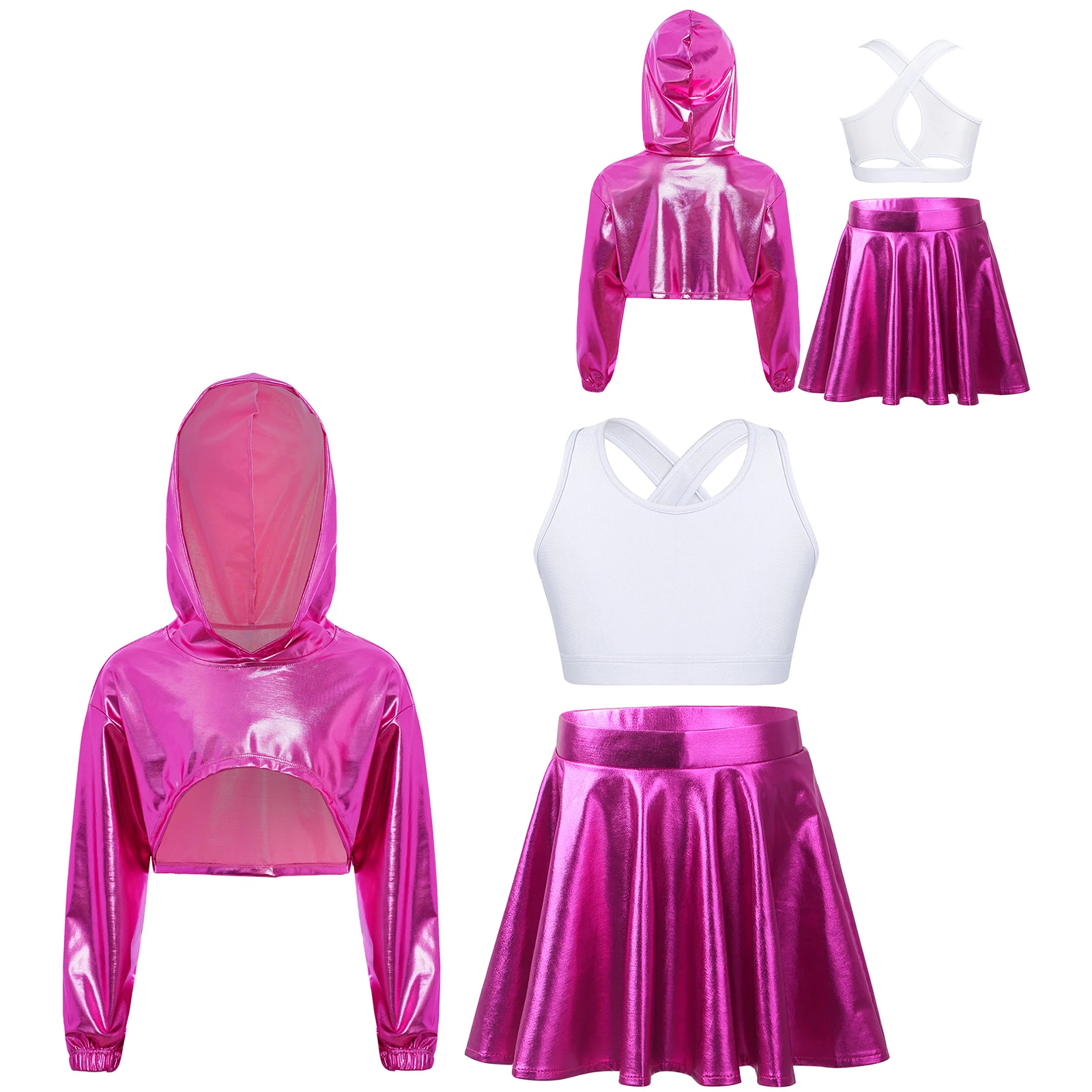 Kids Girls 70s 80s Disco Costume Jazz Dance Outfit Stage Performance Clothes Metallic Tassels Crop Top with Shiny Tutu Skirt