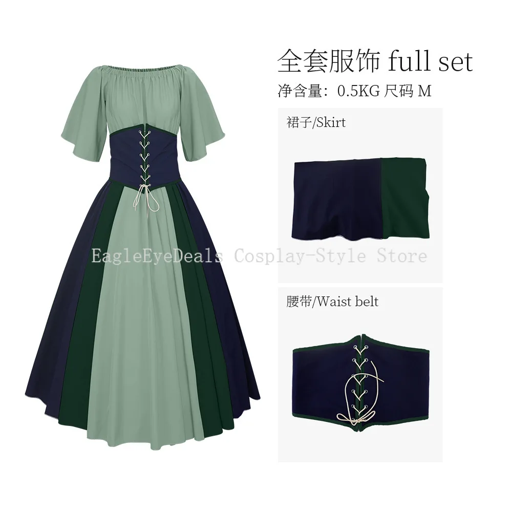 Women's Medieval Retro Contrast Color Slim Dress - Off-Shoulder with Feifei Sleeves, Large Swing Skirt for Cosplay & Performance