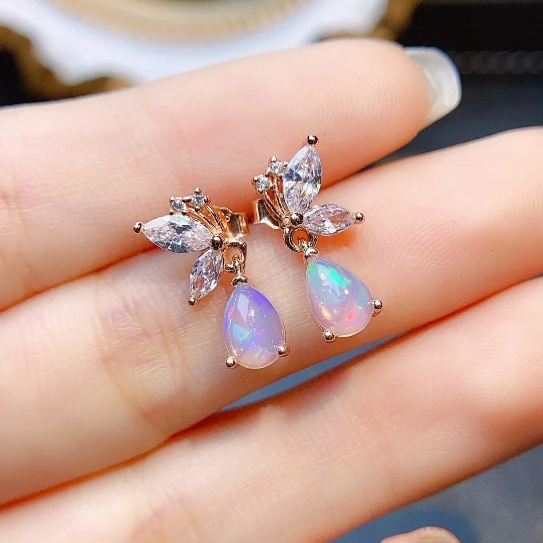 

FS Fashion Real S925 Sterling Silver Inlay Natural Opal Earrings With Certificate Fine Weddings Jewelry for Women MeiBaPJ