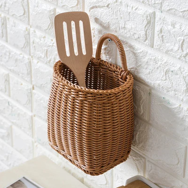 Plastic woven kitchen utensils, wall hanging storage baskets, household imitation rattan woven toiletries, hanging baskets