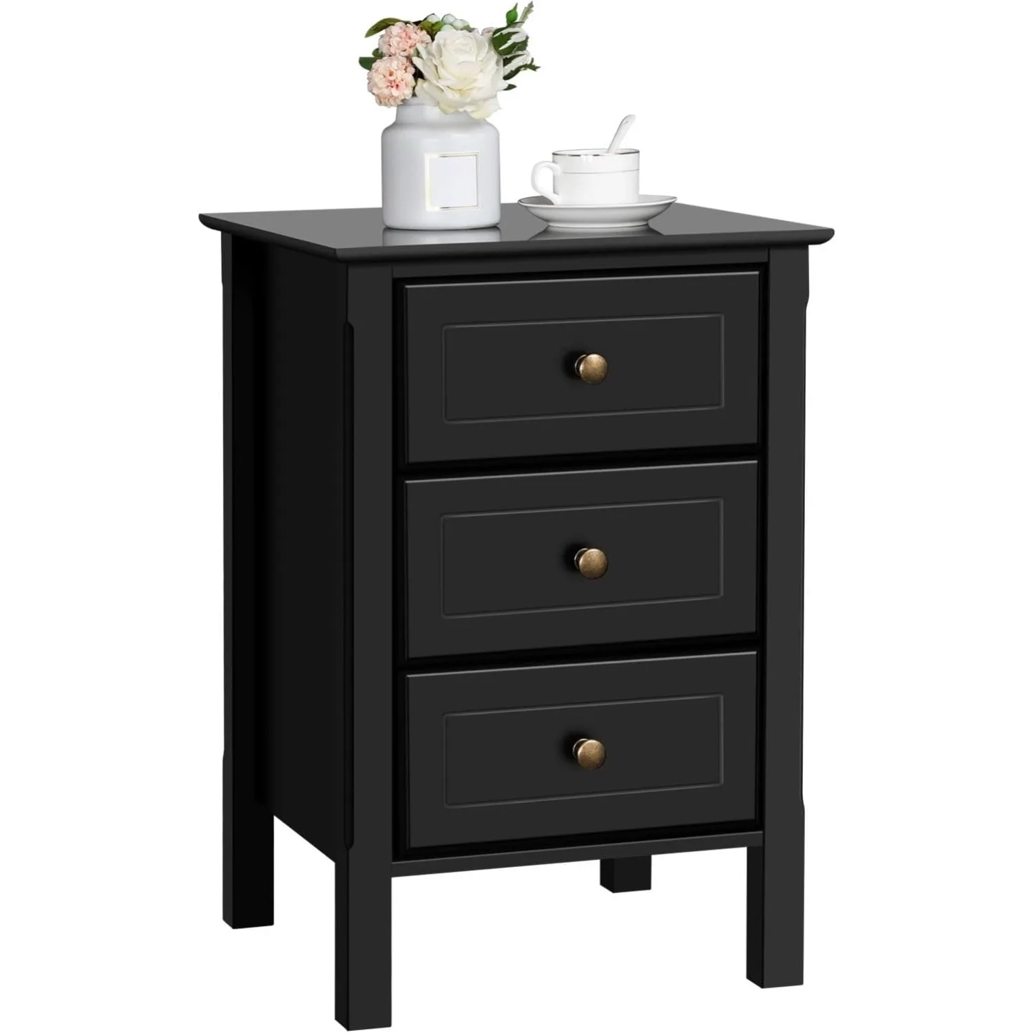 

Wooden 3-drawer bedside table, bedside cabinet for bedroom, home office, small space, easy to assemble, black