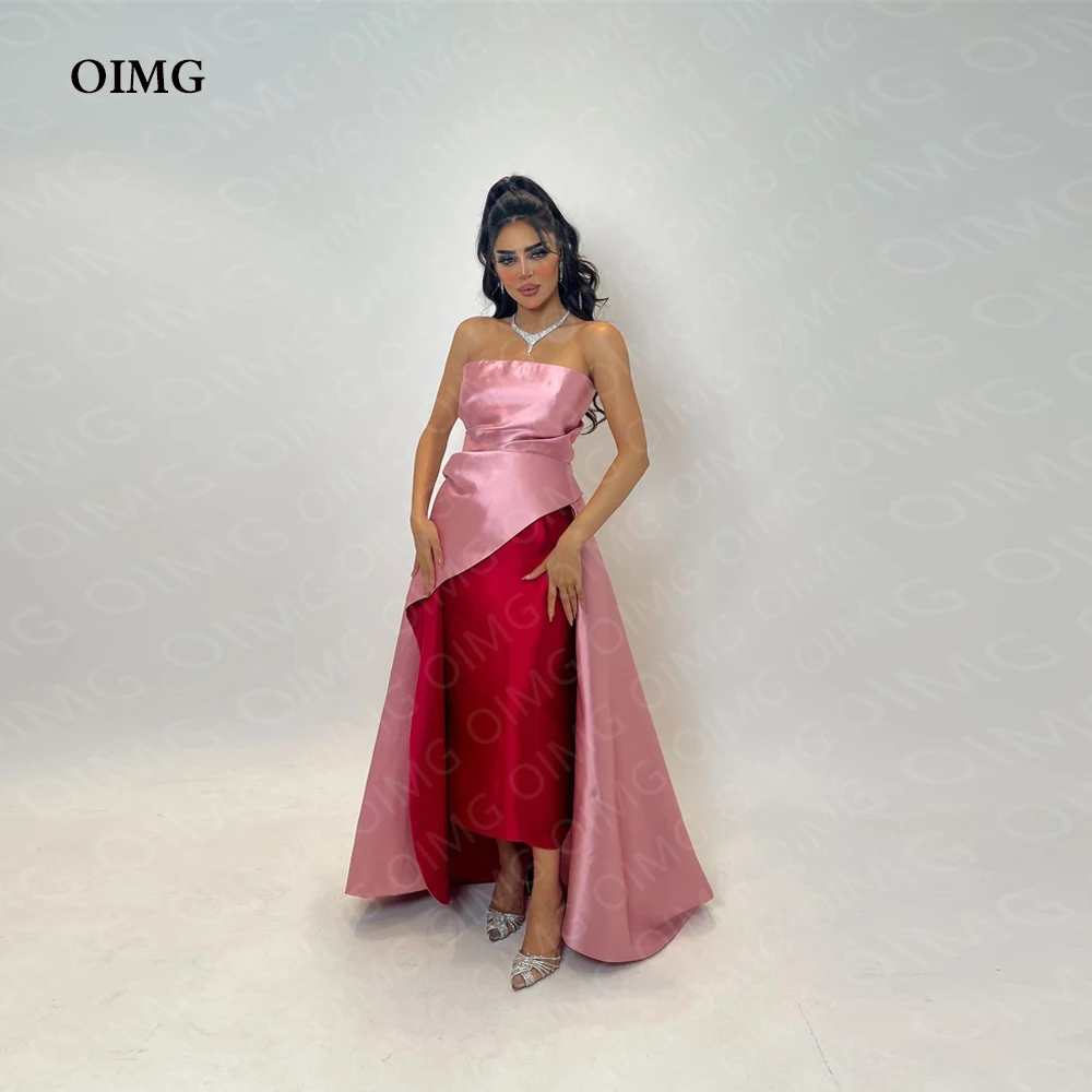 OIMG Pink/Red Satin A Line Formal Party Dresses Sleeveless Strapless Long Arabic Evening Gowns Night Club Dress Robe de soiree