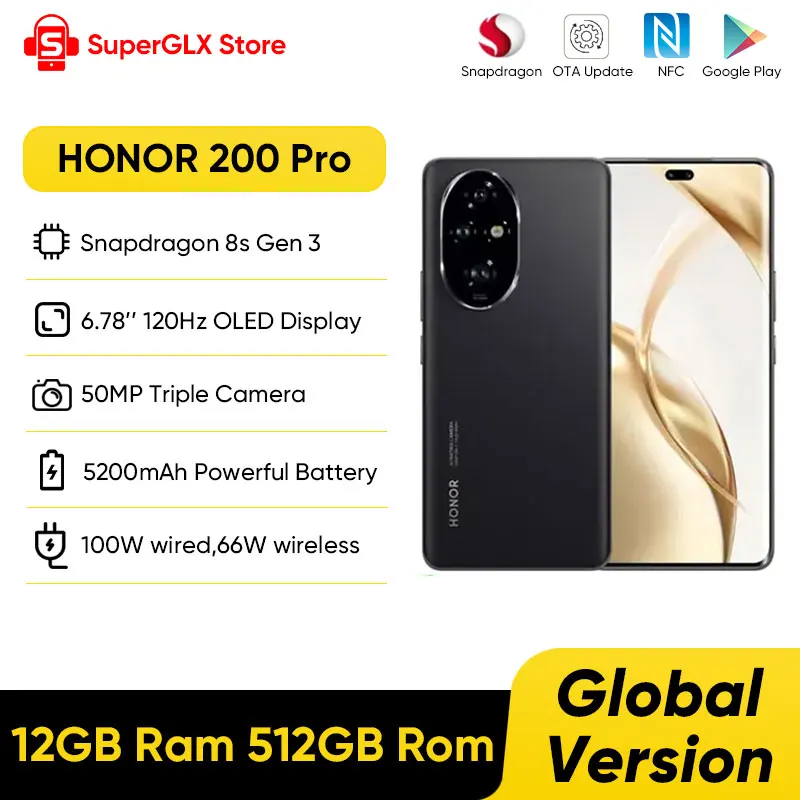 2024 Global Version HONOR 200 Pro Snapdragon 8s Gen 3 5G Smartphone 6.78'' 120Hz AMOLED Display Support HONOR 100W SuperCharge