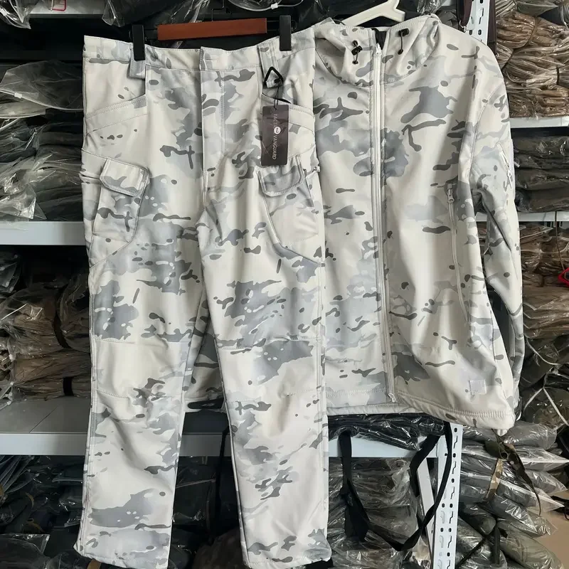 Calor de invierno MCAP todo terreno nieve Camo Softshell chaqueta y pantalones traje ropa de carga táctica chaqueta con capucha con cremallera y forro polar