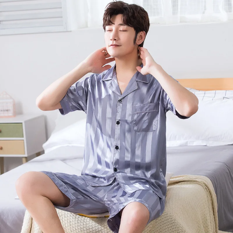 Spring and Autumn Men's Pajamas Short-sleeved Thin Ice Silk Summer Two-piece Youth Home Clothes Silk Suit Large Size