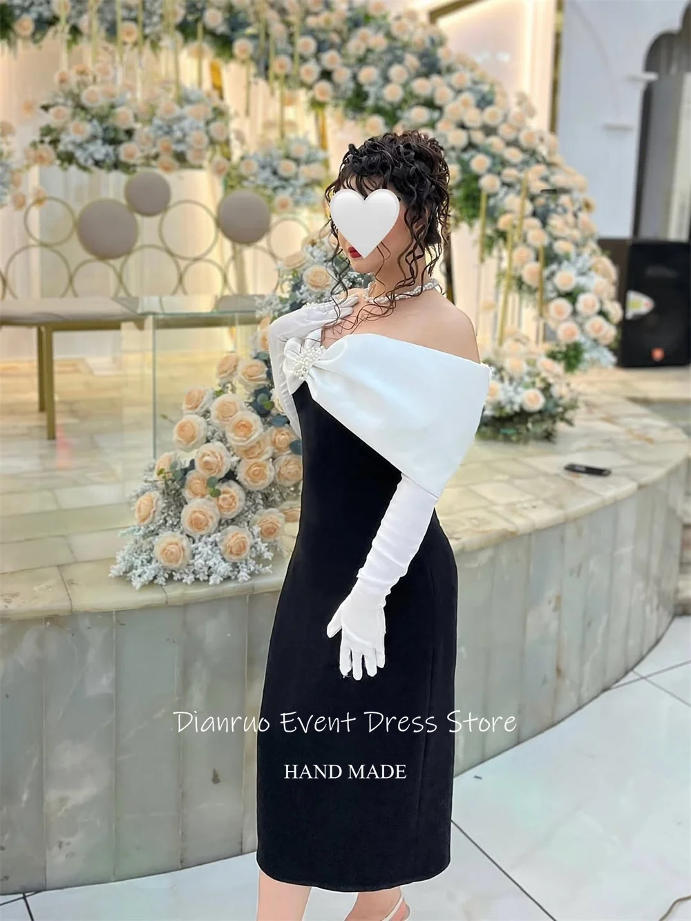 Dianruo قبالة الكتف فساتين السهرة الساتان القوس أبيض أسود فساتين حفلات أنيقة اللؤلؤ فساتين الحفلات امرأة 2025 مخصصة