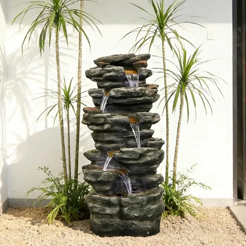 ^40inches High Outdoor Rock Water Fountain with LED Lights - 6-Tiers Poly-Resin Cascading Waterfall Fountain for Garden, Patio