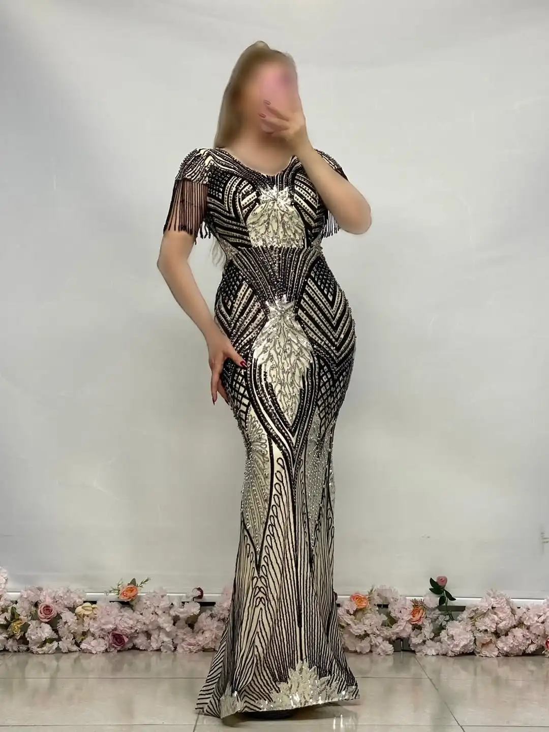 تصميم جديد أنيق الديكور الترتر حورية البحر مساء اللباس الكتف شرابة الطابق طول حفلة موسيقية فستان حفل زفاف #6