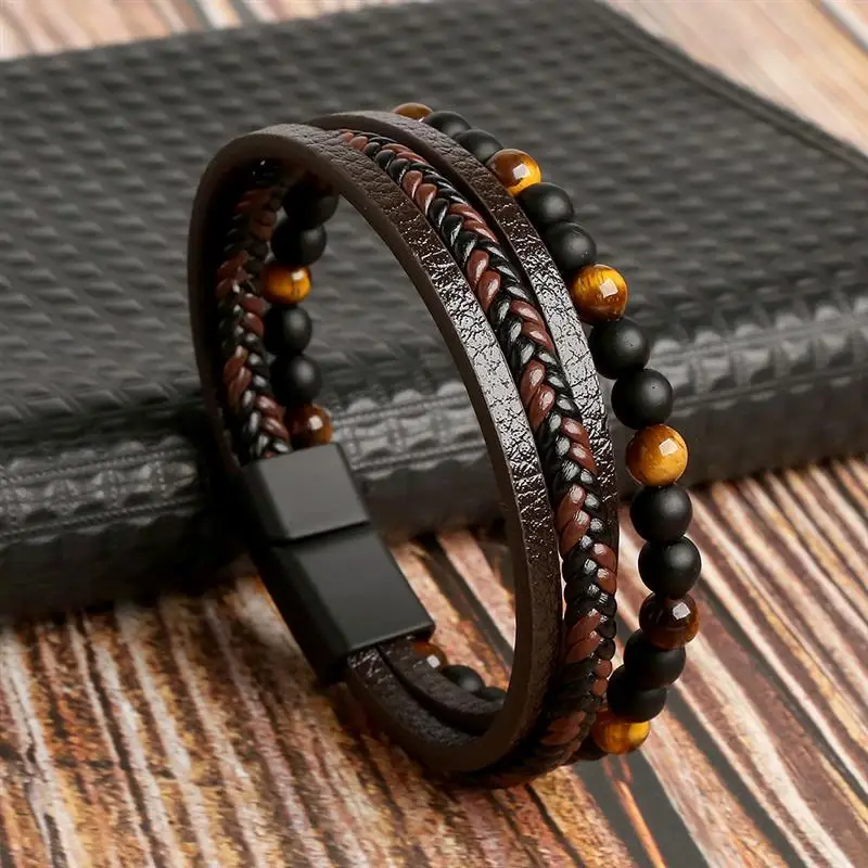 19/21/23Cm Handgeweven Lederen Armband Van Hoge Kwaliteit Meerlagige Tijgeroog Kralen Leren Mannen Armband Punk Armband Voor Mannen Sieraden