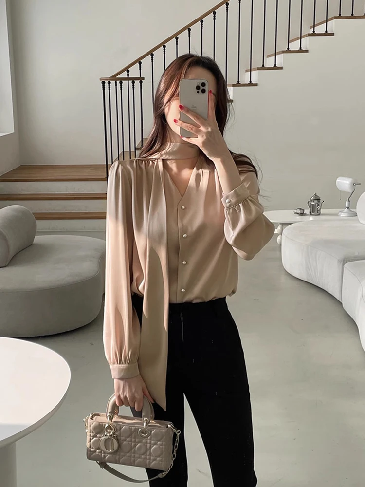 

Ele V-ne Pure Color Silk irt Women's Spring New Sle Faionable Long Sve Glowing Knot Belt irt