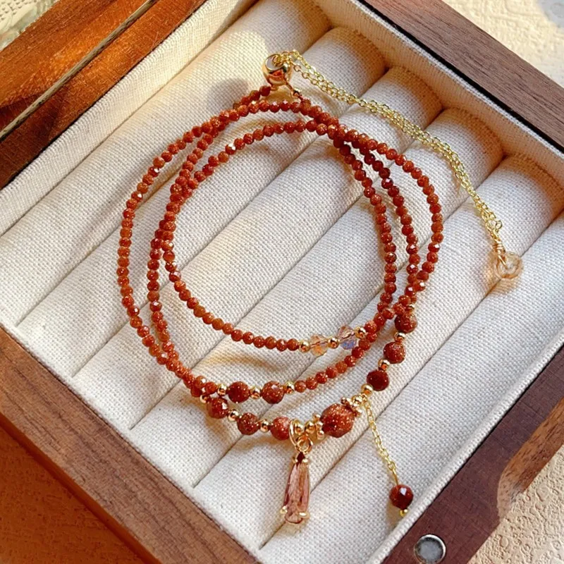 Pixiu Feng Shui Chinese Style 14k Gold-Cut Red Gold Sandstone Multilayer Three-Circle Bracelet Hand String Jewelry Lucky Wealth