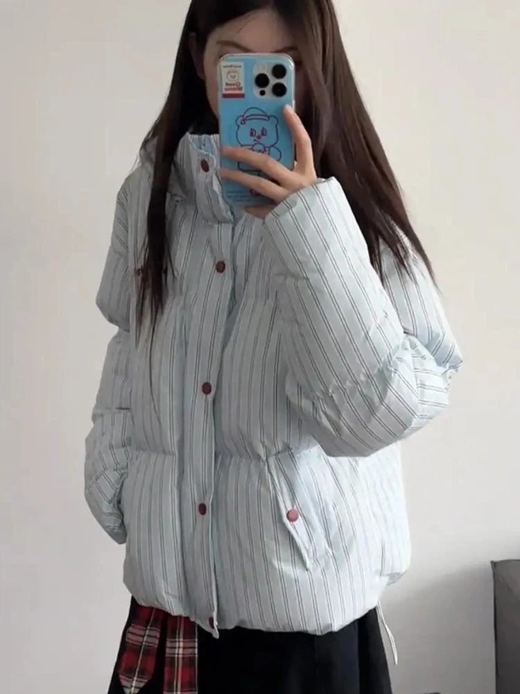 Vintage Striped Y2K Parkas Women Harajuku Streetwear Long Sleeve Winter Puffy Coat Warm American Letter Hip Hop Casual Jacket