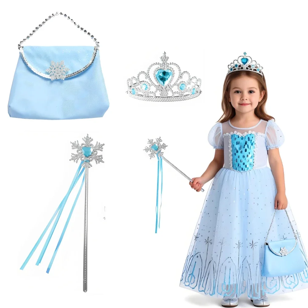 Snow Queen Princess Cosplay  Accessories Kids Princess Dress Up Jewelry Wand Crown Bag Photography Birthday Party Ball Props