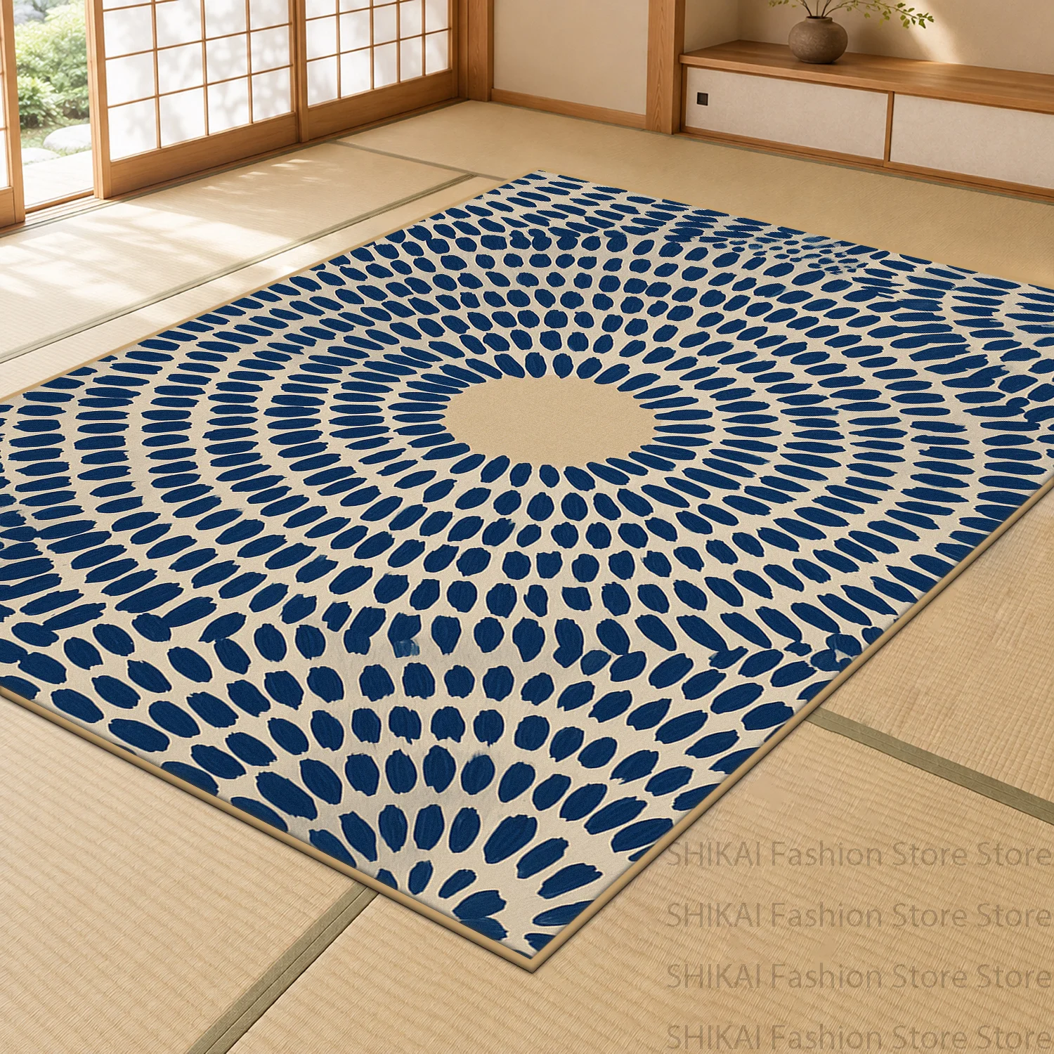 Japanese Minimalist Abstract Soft Large Living Room Rug Blue Beige Circular Brush Stroke Carpet  Non-slip Short Velvet Floor Mat