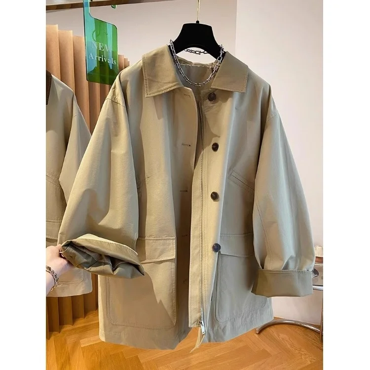 

Khaki Mid-Length Workwear Sle Coat Women's Spring Autumn New Large Size Faionable Retro Outerwear Loose Fit Polyester