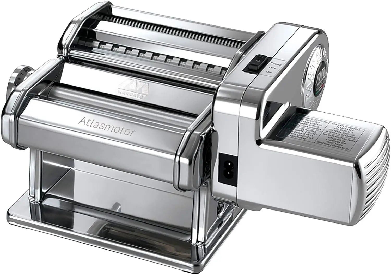 

Made in Italy 110V Electric Pasta Machine, Chrome Steel. Set includes Atlas 150, clamp