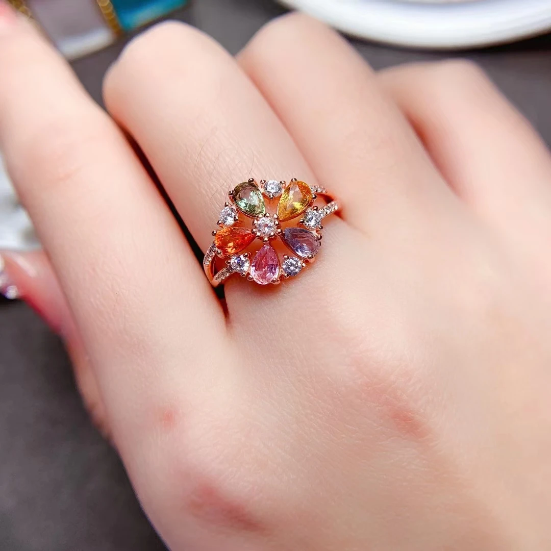 

Multi-color Sapphire Ring for Party 3mm*5mm Total 1ct Natural Sapphire Silver Ring with Gold Palted 925 Silver Gemstone Jewelry