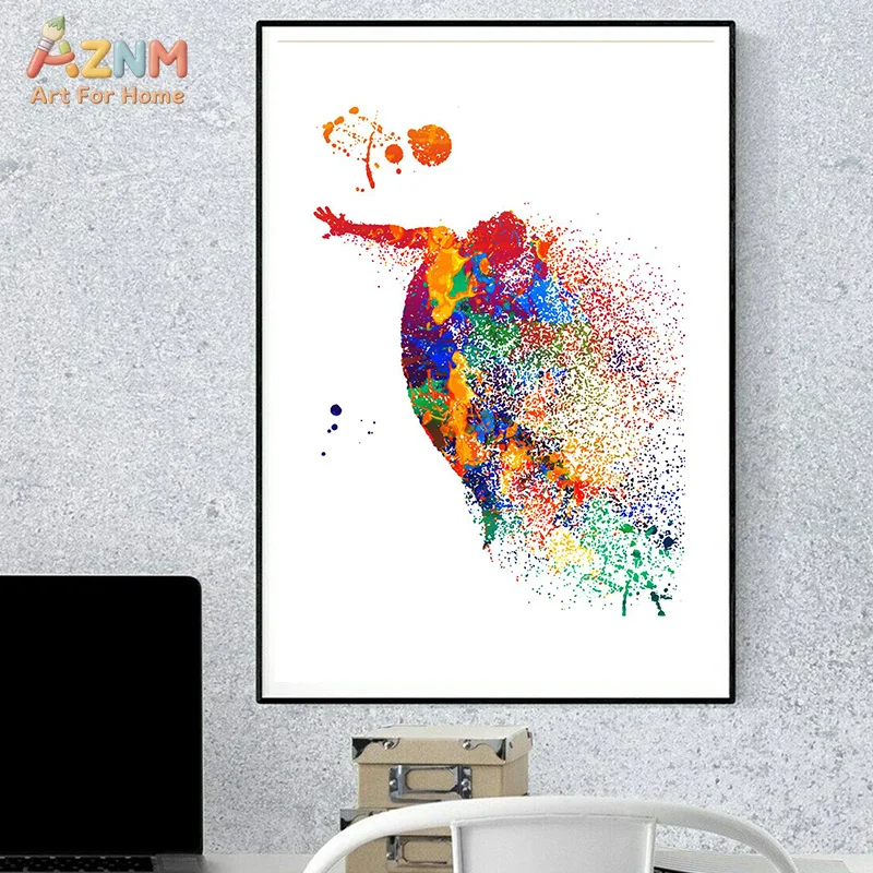 AZNM Frameless Canvas Poster Color Splash Sports Silhouette Print, Basketball Football Athlete Graffiti Style Wall Art Picture f