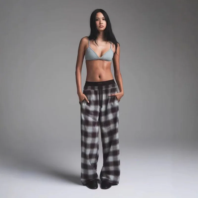 Loose Oversized Plaid Casual irt Jaet Double Waist Straight Leg Pants Women's Spring Faion Reflective Low Waist Zipper