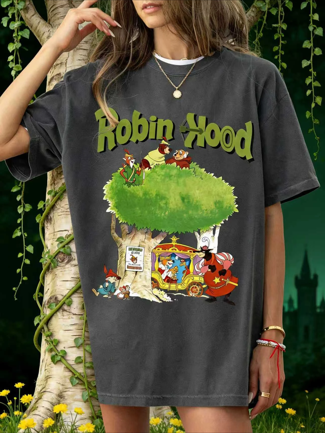 تي شيرت صيفي من القطن الخالص مطبوع عليه شخصية ديزني روبن هود، عصري، فضفاض وكاجوال بأكمام قصيرة، متطابق تمامًا