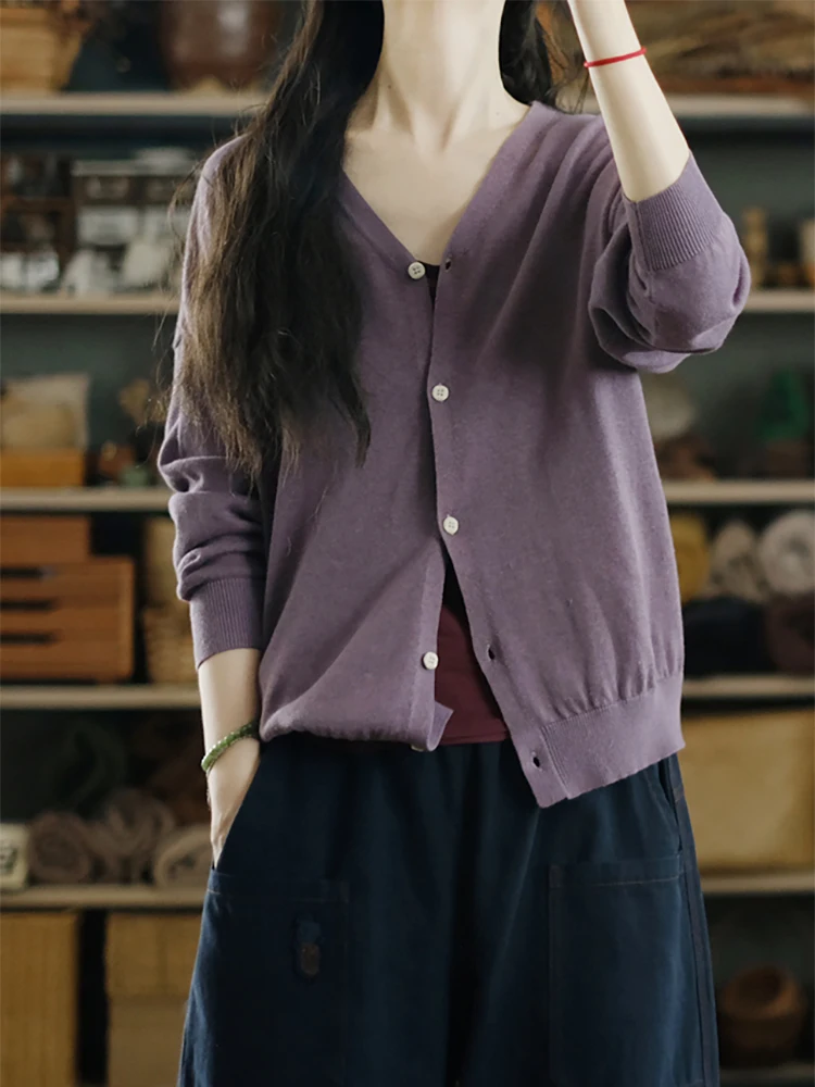 

Lrcp Two People's Production S No 70 Фиолетовый хлопковый льняной кардиган с v-образным вырезом на пуговицах Женский длинный свитер свободного покроя све