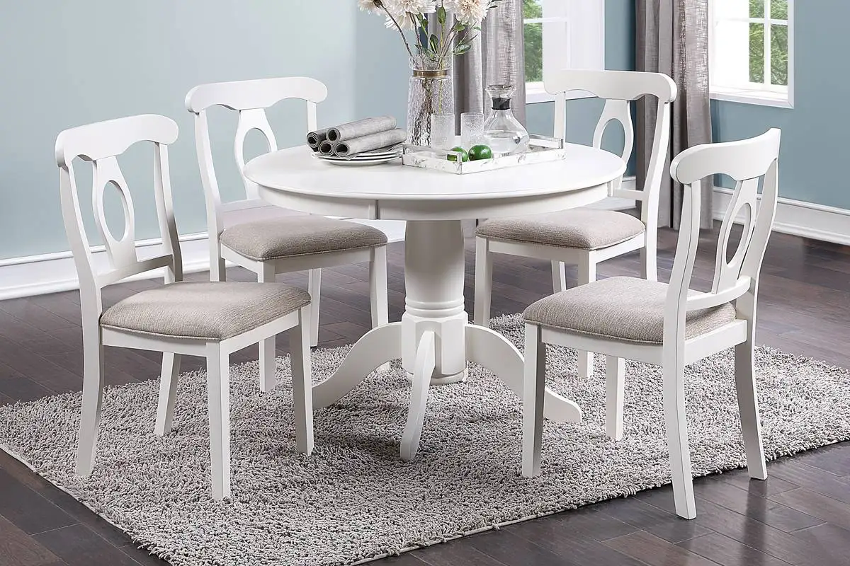 

Classic Design Dining Room 5pc Set Round Table 4x side Chairs Cushion Fabric Upholstery Seat Rubberwood Furniture