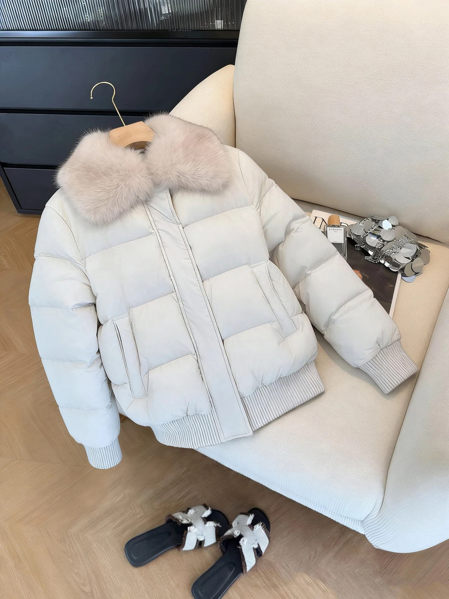 

Warm Pure Color Cotton Jaet Women's Loose Fit Winter Outerwear with Fur Collar Korean Sle Thiened Long Sve Zipper