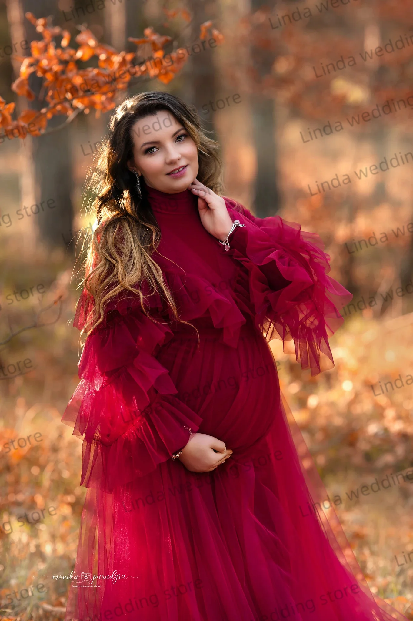 Modest High Neck Maternity Dress for Photoshoot Long Sleeve Muslim Pregnancy Babyshower Dress Party Gowns