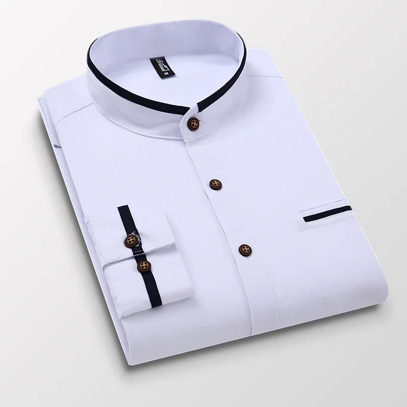 BROWON Autumn Oversized Shirts Men Pocket Design Korean Style Stand-up Collar Slim Shirt Mens Long Sleeve Shirt Men Clothing