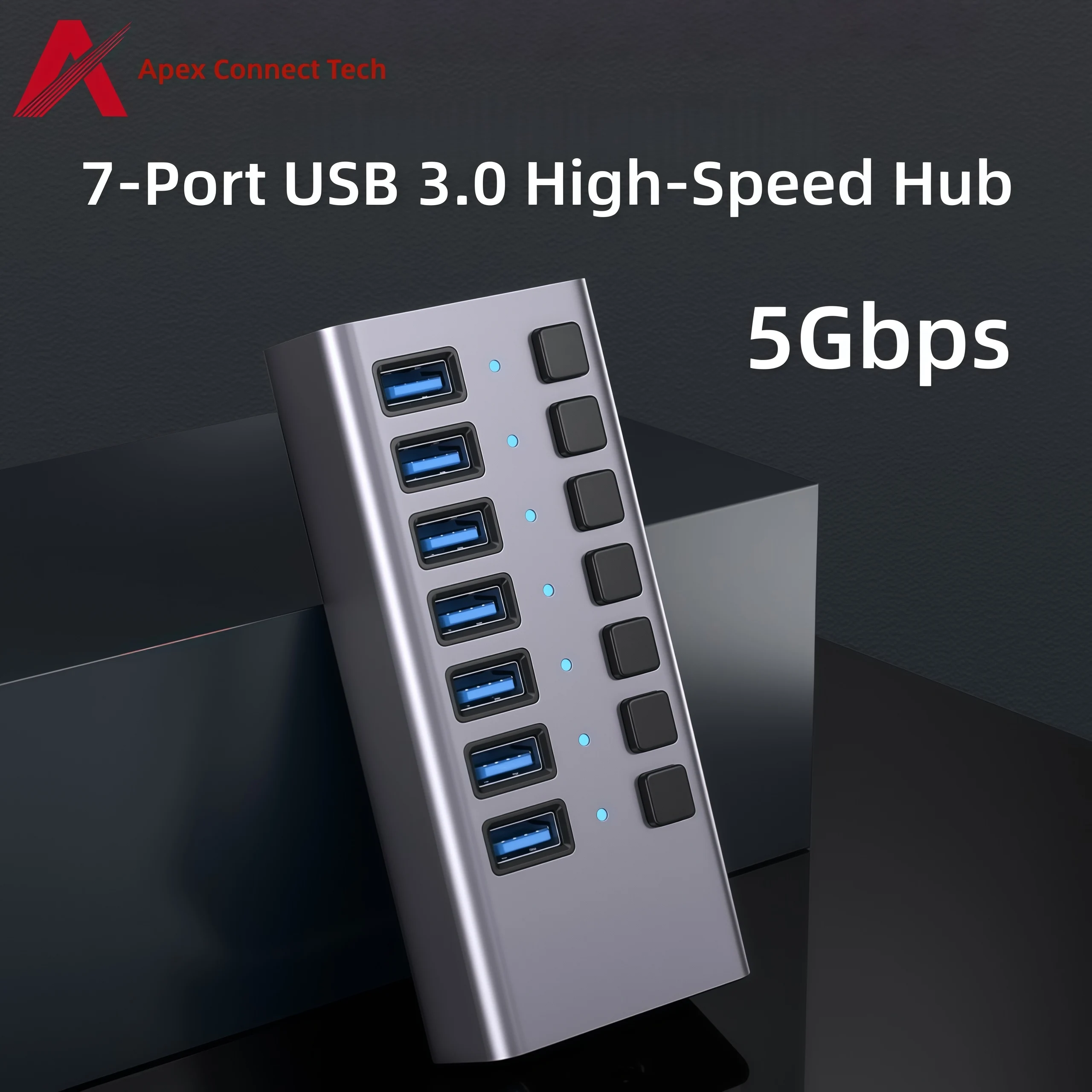

USB Hub 3.0 5Gbps 7 Ports with Adapter 12V 7 in 1 On Off Switch with Power Supply Multiport USB Splitter Extension for PC Laptop