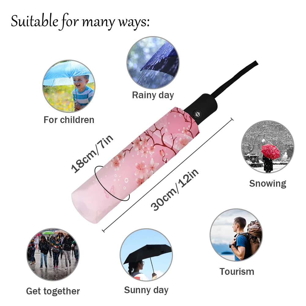 Pink Cherry Blossom Flowers Butterfly Creative Umbrella Rain Women Automatic Three Folding Umbrellas Windproof Parasol Parapluie