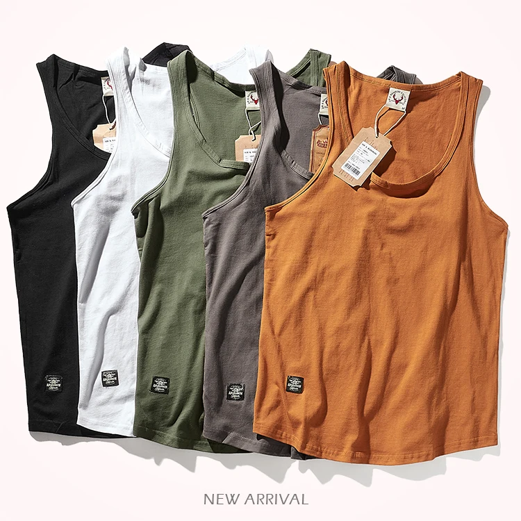 2023 Summer New American Retro Sleeveless O-neck Solid T-shirt Men\'s Fashion 100% Cotton Washed Old Casual Sports Vest Tops